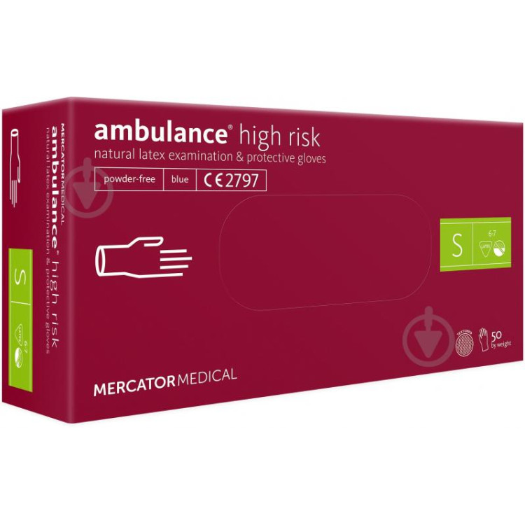 Рукавички латексні оглядові AMBULANCE® High Risk нестерильні неприпудрені розмір S 25 пар/пач RD10011002