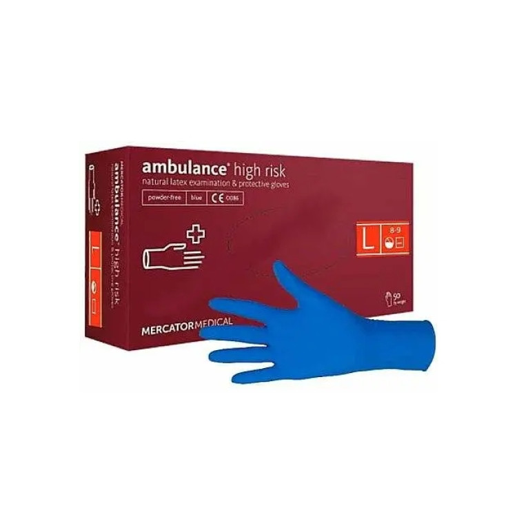 Рукавички латексні оглядові AMBULANCE® High Risk нестерильні неприпудрені розмір L 25 пар/пач RD10011004